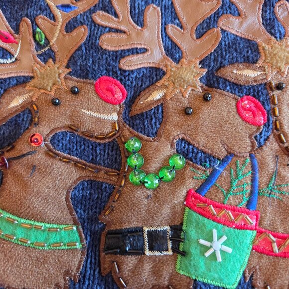 Holiday zippered cardigan sweater with reindeers sequins. Navy Size small - Picture 2 of 7